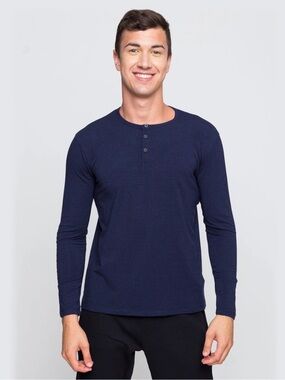 Two Blind Brothers Long Sleeve Navy Blue Men’s Bamboo Henley Shirt Size Medium